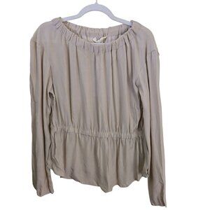 Gróa NWT 100% Silk Beige Slapstick Round Neck/ Waist Long Sleeve Blouse Size M E